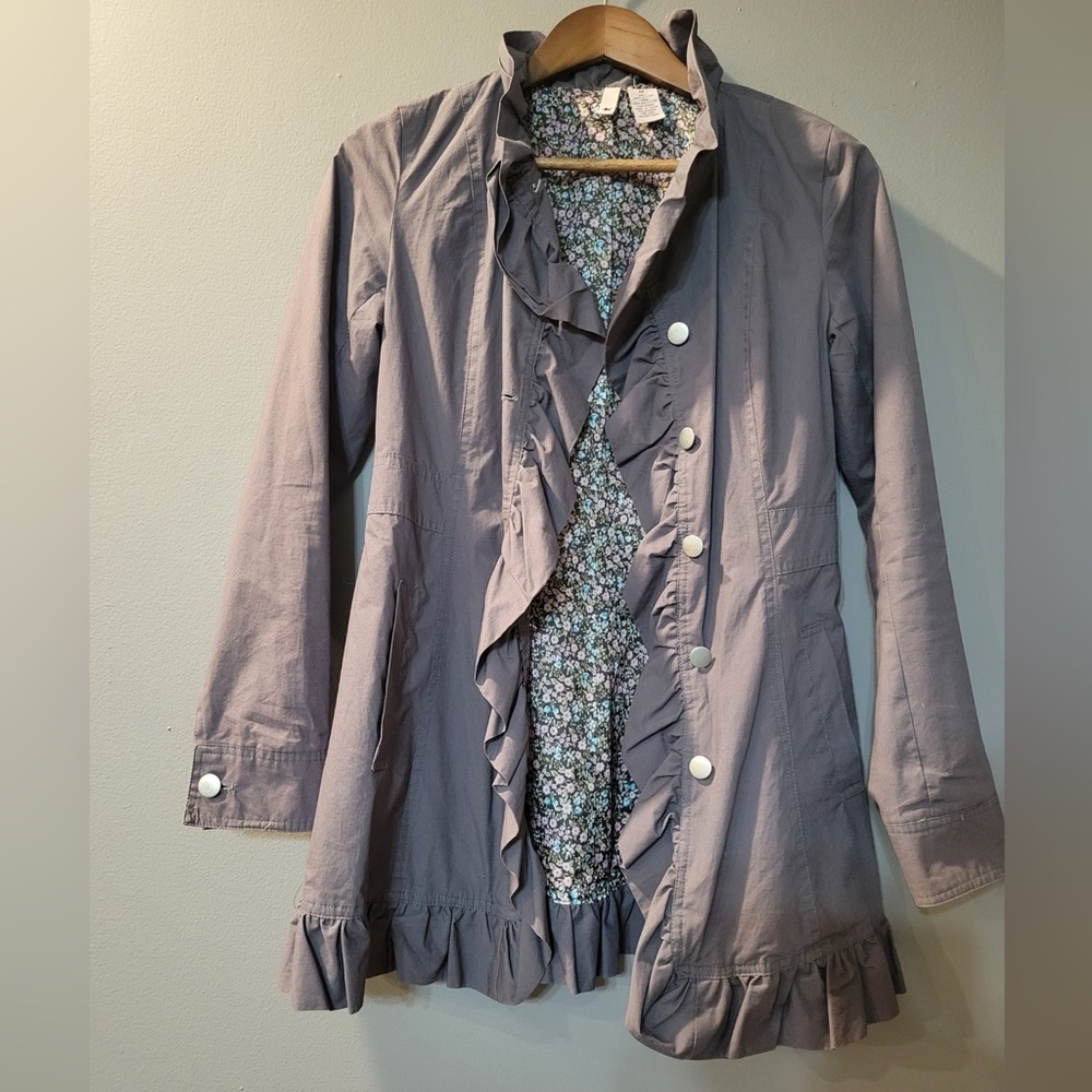 Stella‎ Starr Gray Floral Ruffle Trench Coat | Size Medium